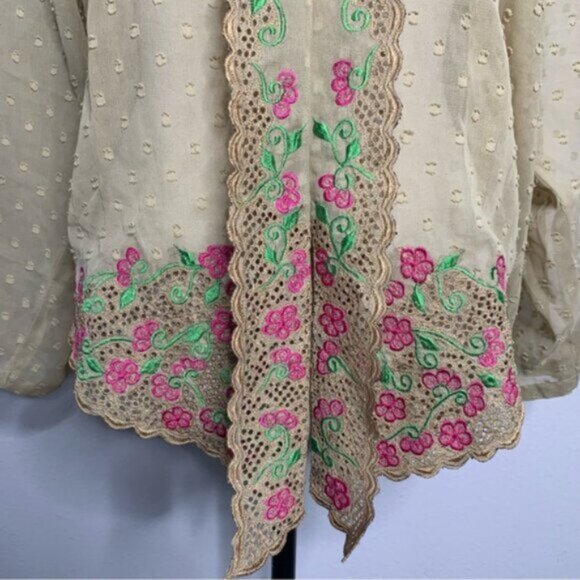 Lauren Ralph Lauren Embroidered Floral Lace Trim Sheer Blouse - Picture 11 of 13